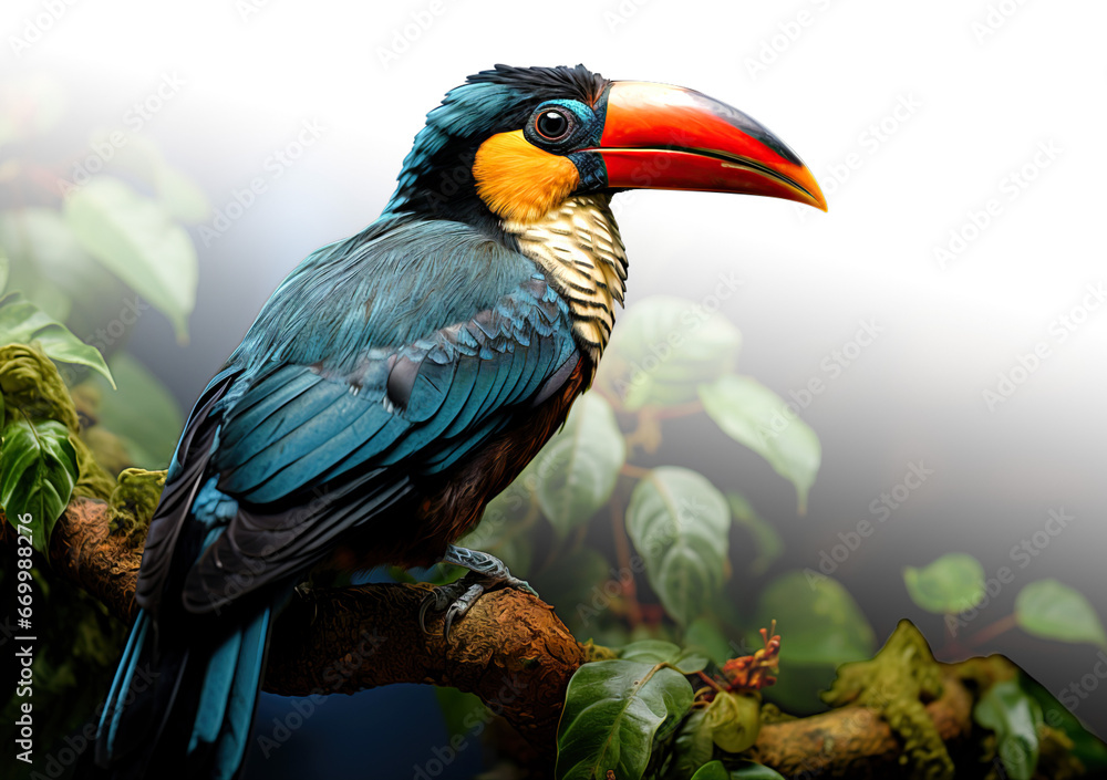 Obraz premium A detailed photograph of a toucan perched on a tree branch with leaves, set on a transparent background