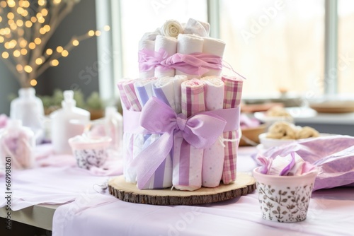 a diaper cake centerpiece on a decorated table