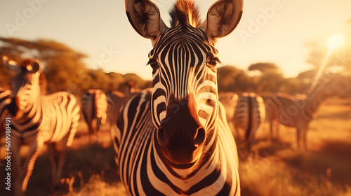 Zebras herd on African savanna in sunlight. Wild nature of Africa. Zebra stand facing camera