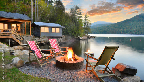 lakeside serenity adirondack chairs and fire pit with modern cabins by the lake photo
