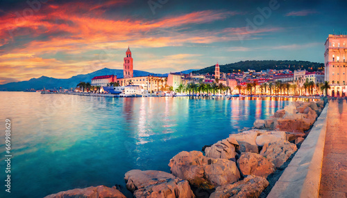 colorful evening panorama of split city with diocletian palace splendid summer seascape of adriatic sea croatia europe beautiful world of mediterranean countries traveling concept background photo