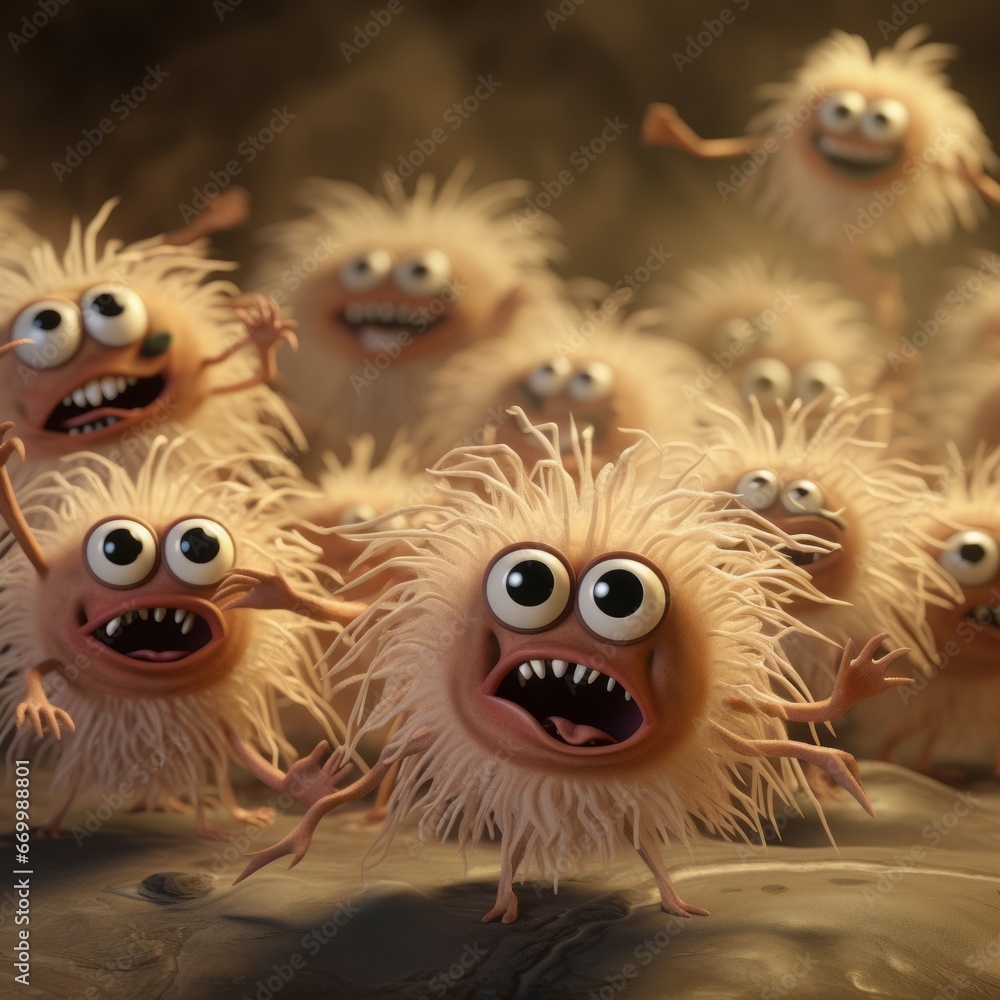 Creative world of caricatures, zooming in on the lively dance of ticks and fleas amidst hirsute animal hair and skin in a captivating close-up. Creative world of caricatures, zooming in on the lively dance of ticks and fleas amidst hirsute animal hair and skin in a captivating close-up.
