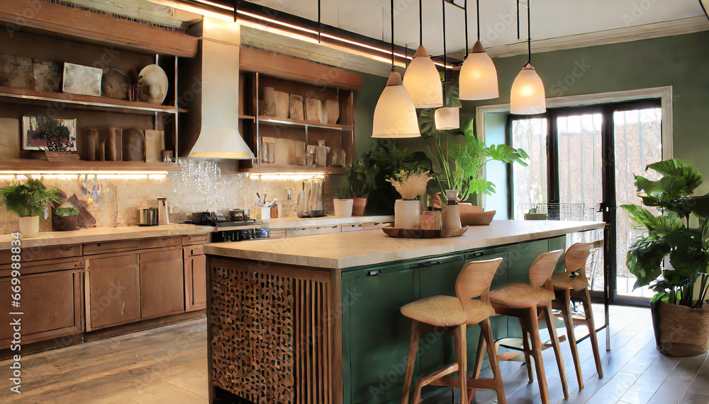 kitchen interior design in modern mid century style generative ai