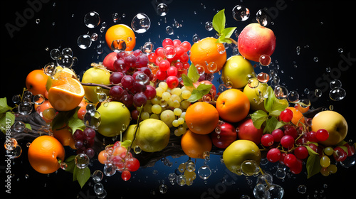 Fresh fruits falling into water with splash on white background. Healthy food concept. Generative AI technology.