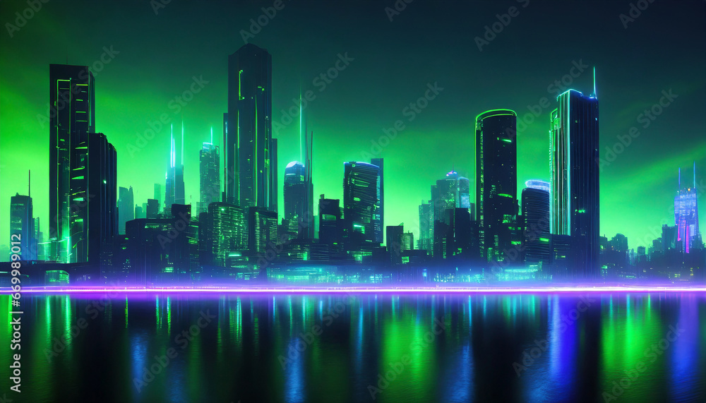 cyberpunk city skyline with green and blue neon light