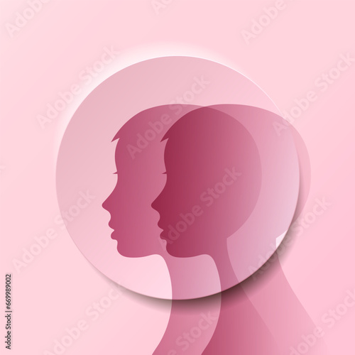 Bipolar mental disorder, two-faced, split personality.
 Conceptual mood disorder. Psychological illness, double personality concept,
 2 silhouettes of the head.