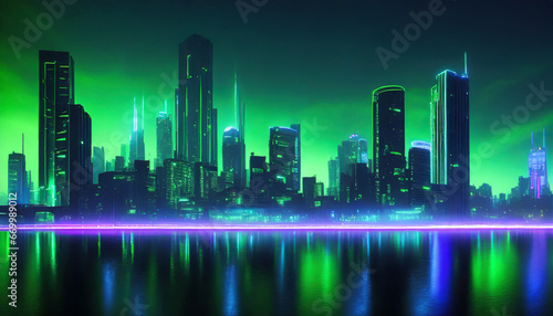 cyberpunk city skyline with green and blue neon light