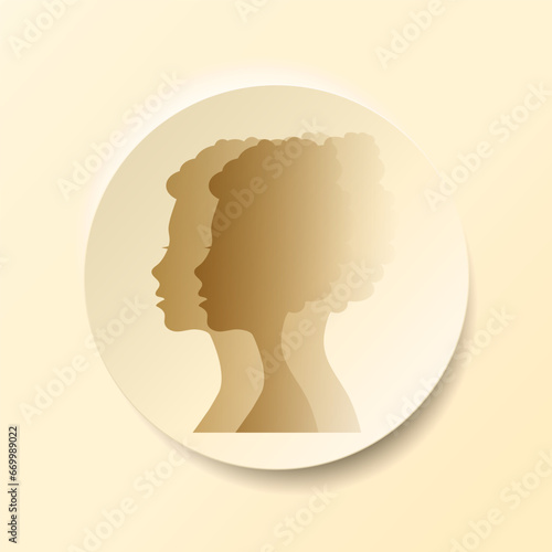 Bipolar mental disorder, two-faced, split personality.
 Conceptual mood disorder. Psychological illness, double personality concept,
 2 silhouettes of the head.