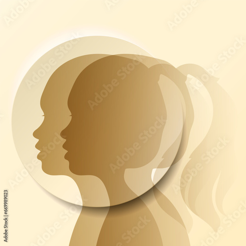 Bipolar mental disorder, two-faced, split personality.
 Conceptual mood disorder. Psychological illness, double personality concept,
 2 silhouettes of the head.
