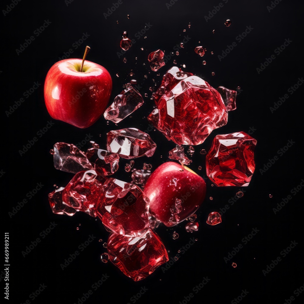 Apple-like ruby stones come alive, exploding dramatically against a black backdrop. Apple-like ruby stones come alive, exploding dramatically against a black backdrop.