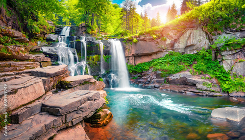 rocky summer view of zhenets kyy huk waterfall fantastic morning scene of carpathian mountains ukraine europe beauty of nature concept background photo