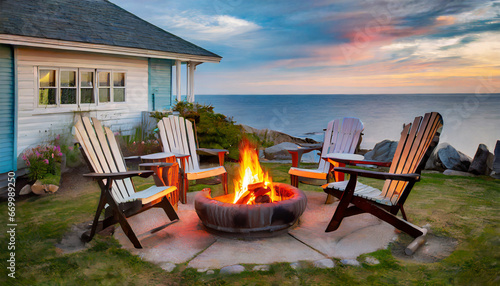 cape cod coastal escape adirondack chairs around fire pit with ocean view in cottage backyard photo