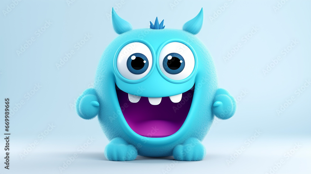 3d cute childish face toothless smile amazed on blue. 