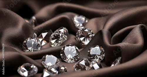 Multiple radiant diamonds elegantly scattered on a brown textile backdrop, each shimmering with brilliance. A luxurious collection. Perfect for sophisticated displays. photo