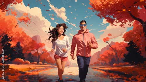 Happy couple jogging together and enjoying autumn with smiles