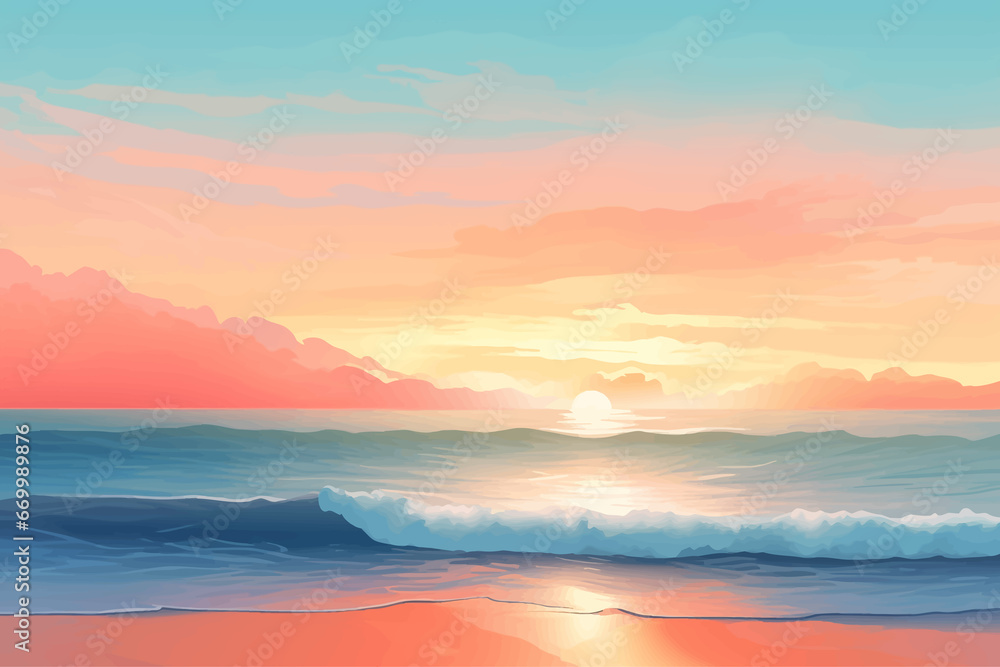 Serene Beach Sunset with Atmospheric Gradients isolated vector style illustration - obrazy, fototapety, plakaty 