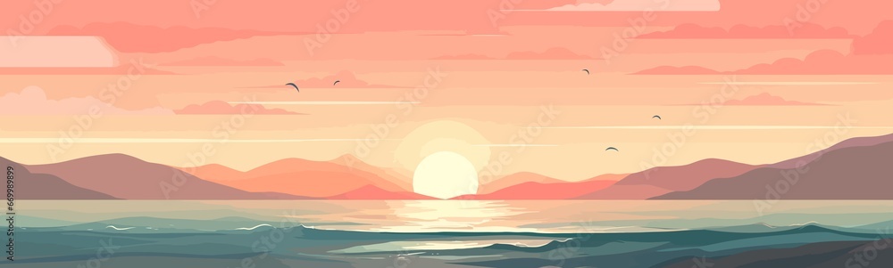 Serene Beach Sunset with Atmospheric Gradients isolated vector style illustration