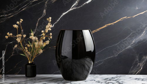 black ceramic vase table against black marble background with copy space high quality photo