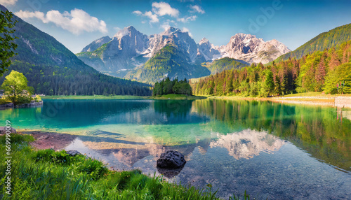 colorful summer view of fusine lake bright morning scene of julian alps with mangart peak on background province of udine italy europe traveling concept background photo
