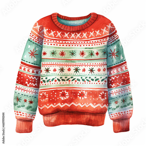 Watercolor Christmas sweater on White Background for Winter or New Year Clipart