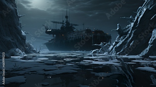 Giant icebreaker ship in a frozen landscape © Nordiah