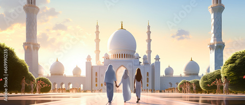 Hijabi Girls Goes To Mosque, islamic concept photo