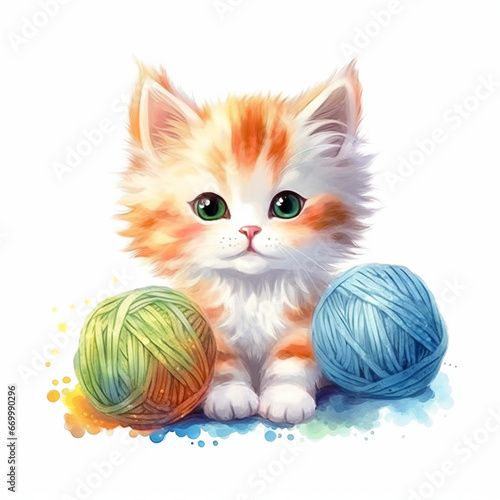 毛糸玉で遊ぶ子猫の水彩イラスト