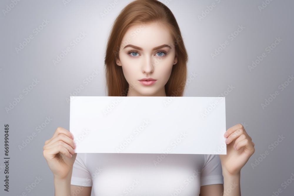 A woman of a tender age displaying an empty white sign. A woman of a tender age displaying an empty white sign.