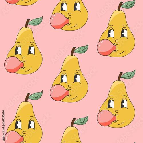 90s Fruit Funny Retro Groovy Pattern with Cartoon Hippie Character. Comic Character of Pears chewing gum with a face. Groovy Summer Vector Print. Sweet Juicy Fresh Fruits.