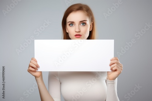 A female in her youth holding an unmarked white banner.