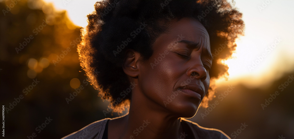 Close up lifestyle portrait of exhausted and stressed middle aged black woman standing outside - obrazy, fototapety, plakaty 