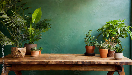brown wooden table with potted plants and green wall background high quality photo