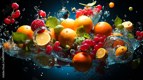 Fresh fruits falling into water with splash on white background. Healthy food concept. Generative AI technology.