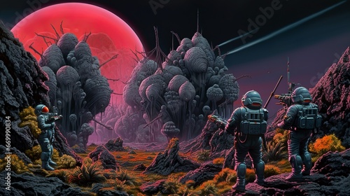 Sci-fi astronauts exploring an alien wastelands