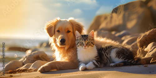 golden retriever dog on the beach a cat and a dog on the beach Paw Shakes, Showing Friendship And Trust A heartwarming group portrait of a cute kitten, a golden retriever puppy, generative AI

