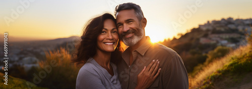 Lifestyle portrait of attractive mature couple in love smiling and embracing outside at sunset