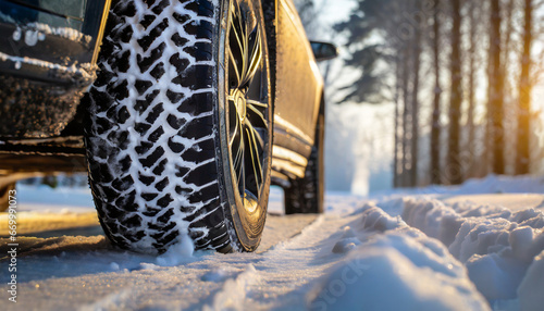 close up of car tires in winter on the road covered with snow winter tire © Nichole