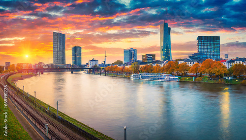 incredible autumn sunset on the rhein river spectacular evening cityscape of dusseldorf with medienhafen nordrhein westfalen germany europe traveling concept background photo