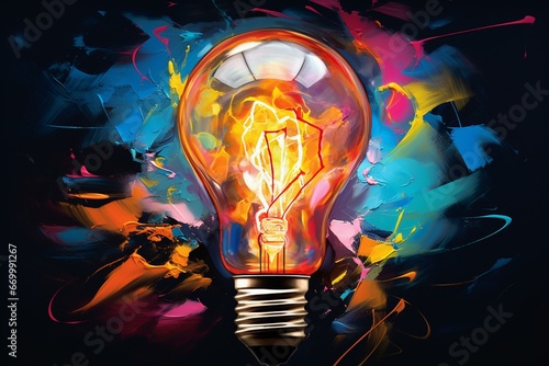 Vibrant paint splatters with a bursting light bulb depict creative and unconventional thinking. Generative AI photo