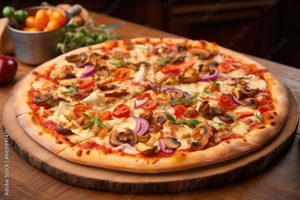 whole pizza with variety of toppings on wood
