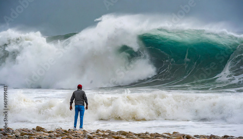 tsunami big waves stormy ocean wave a man standing in the middle of a huge wave