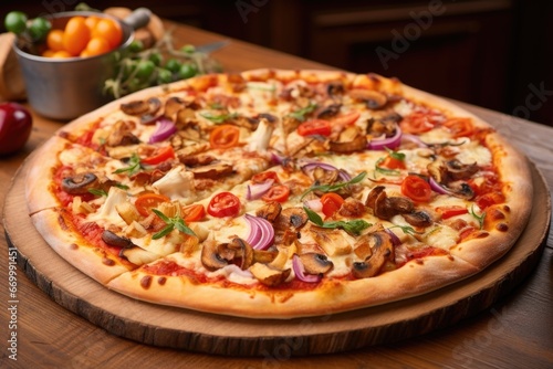 whole pizza with variety of toppings on wood
