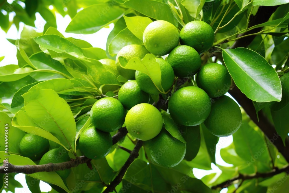 a lime tree with limes hanging amongst its dense leaves a lime tree with limes hanging amongst its dense leaves