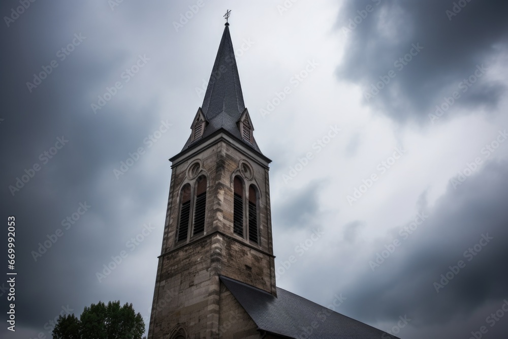 church bell tower framed by the grey cloudy sky church bell tower framed by the grey cloudy sky