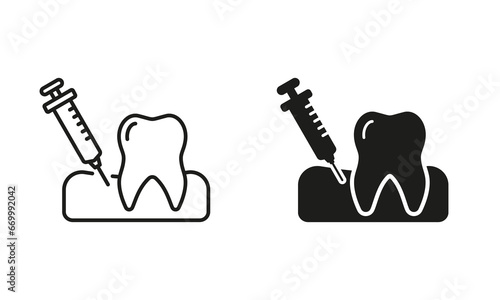 Dental Anesthesia for Tooth Treatment Silhouette and Line Icon Set. Oral Medicine. Anesthetic Injection in the Gum. Dental Treatment, Dentistry Black Symbol Collection. Isolated Vector Illustration