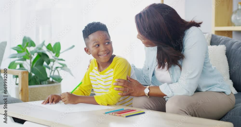 Mother, homework and student help in home with school paper, child and studying together in living room. Learning, support and love of a mom and kid with education notes in a lounge with conversation
