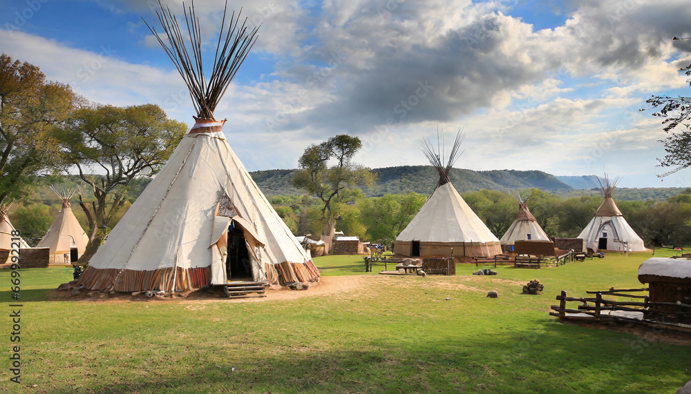 view of an indian native american village with teepee tents