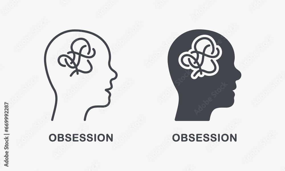 Depression, Brainstorm, Chaos Pictogram. Mental Obsession in Human Head Silhouette and Line Icon Set. Person Mind Disorder Symbol Collection. Intellectual Process. Isolated Vector Illustration