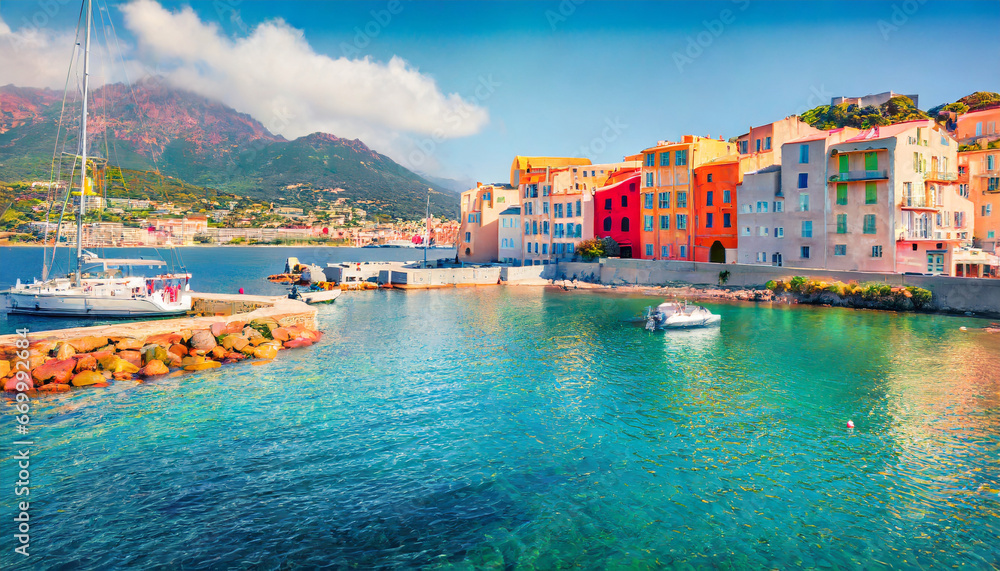 colorful houses on the shore of bastia port bright morning view of corsica island france europe magnificent mediterranean seascape with yacht traveling concept background