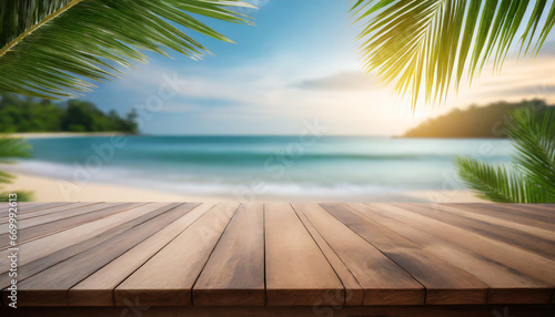 top of wood table with seascape and palm leaves blur light of calm sea and sky at tropical beach background with empty space for text summer vacation background concept